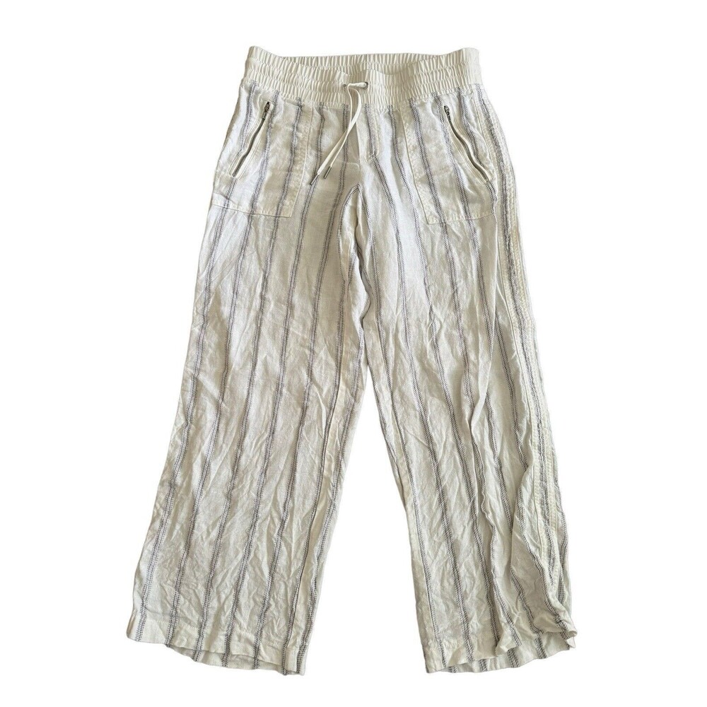Athleta Cabo Tide Linen Wide Leg Pants Sz 8P Ivory White Gray Stripe 406735